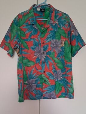 KENNINGTON Casual Red Tropical Floral Short-Sleeve Button-Down Shirt